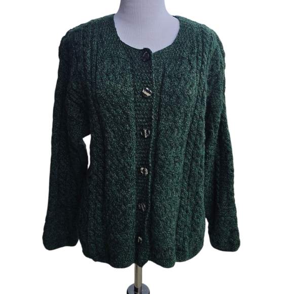 Carraig Donn Womens Wool Cable Knit Cardigan Sweater Marled Green Size M Ireland - Picture 2 of 7